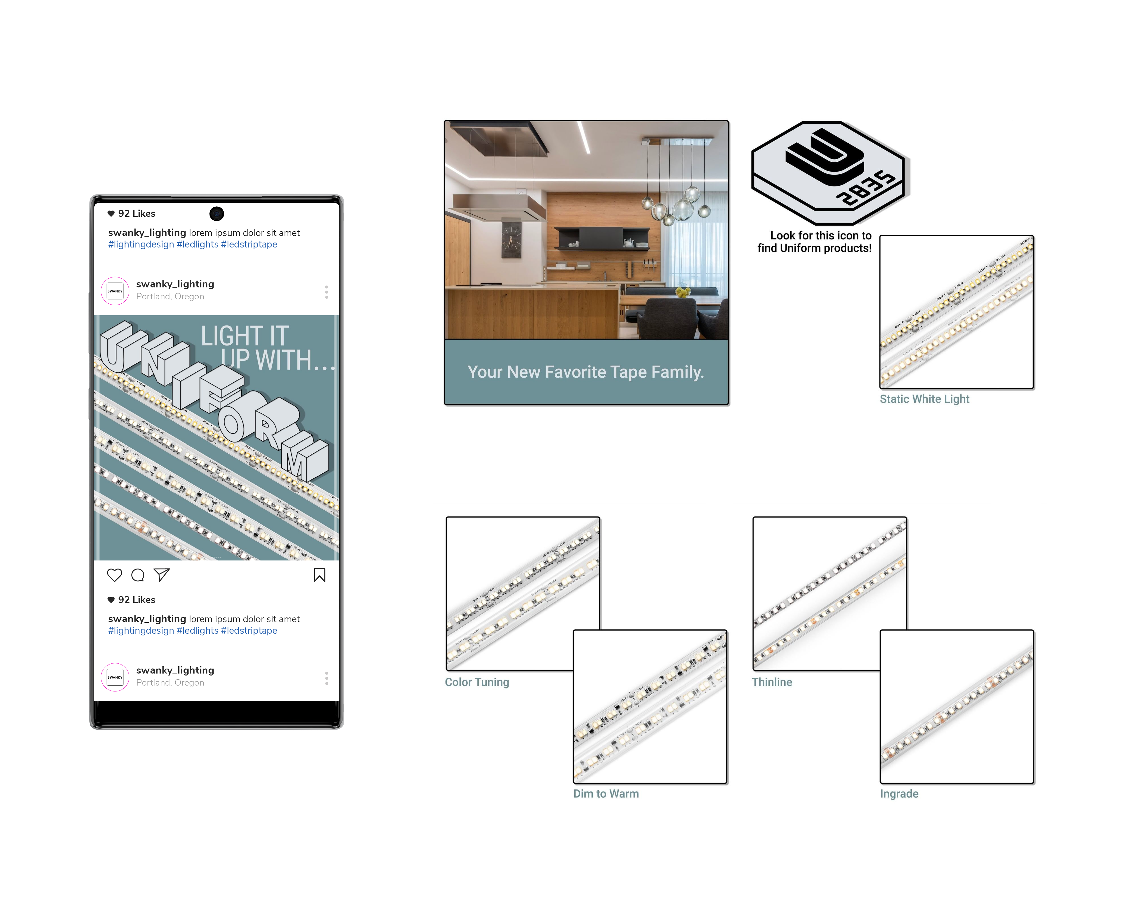 Social media graphics, email promotions, product spec sheets, and installation guides for the Uniform Tape launch, showing cohesive branding across channels.